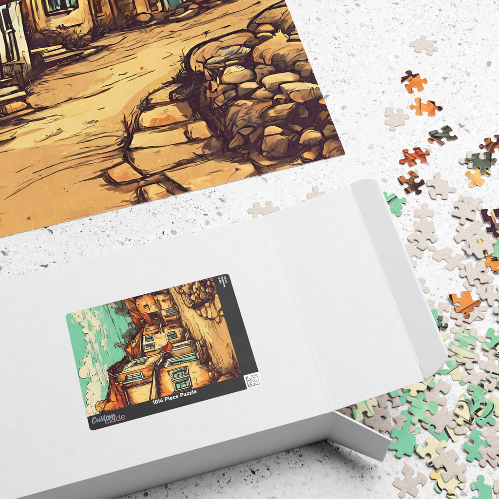 Traditional Village Street Scene Jigsaw Puzzle — Warm Vintage Town, 1014 Pieces