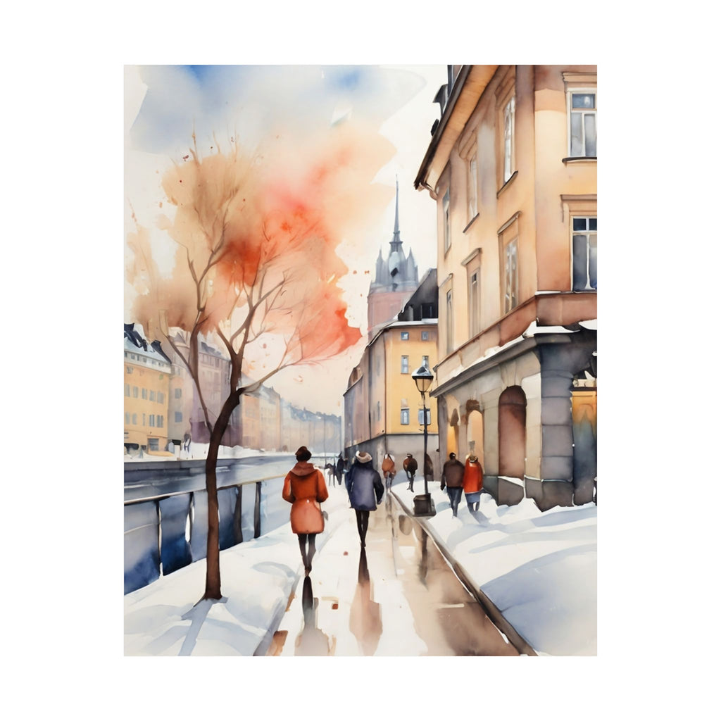 Stockholm Street Snow Walk Watercolor Satin Poster — Scenic Winter Canal Art Print