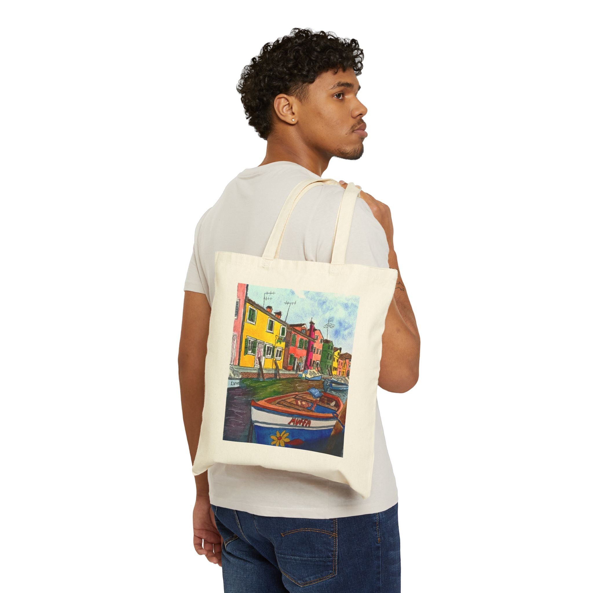 Burano Canal Boat Canvas Tote — Original Watercolor Art
