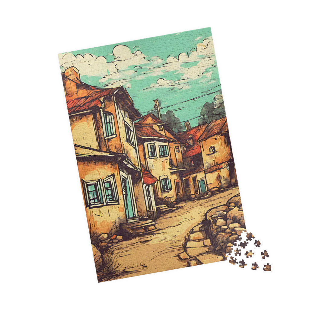 Traditional Village Street Scene Jigsaw Puzzle — Warm Vintage Town, 1014 Pieces