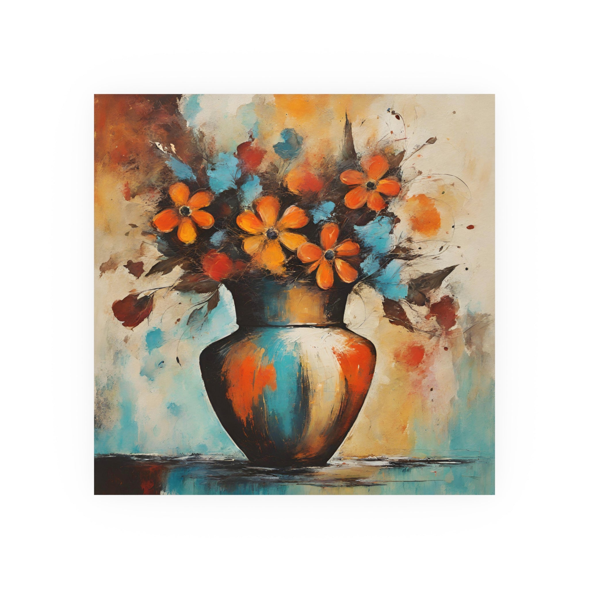 Floral Vase Art Poster — Orange & Teal Abstract Bouquet