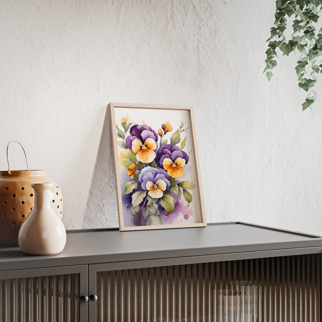 Pansies in Purple & Gold — Watercolor Botanical Wall Art, Framed Print 8.3" × 11.7"