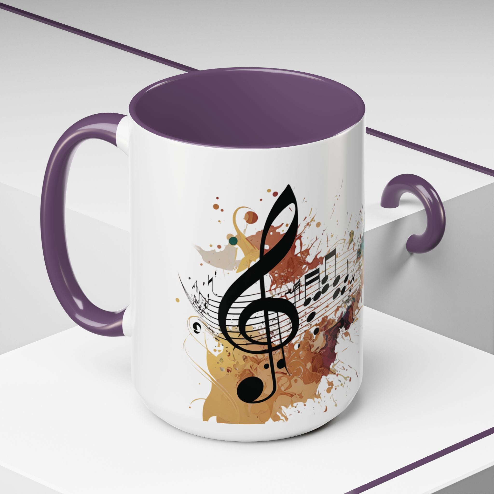 Music Notes Accent Mug — Original Watercolor Treble Clef Ceramic Cup