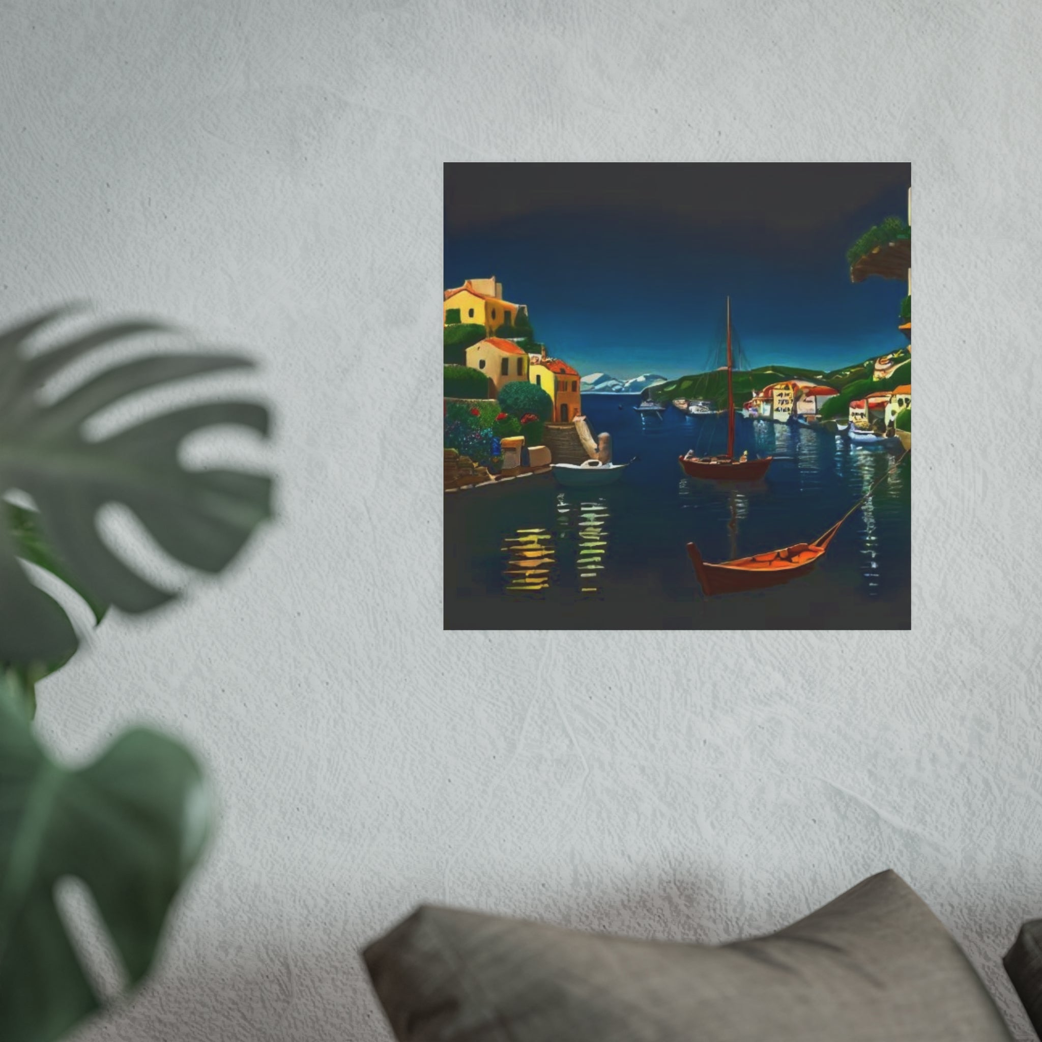 Mediterranean Harbor Night Poster — Satin/Archival Matte Wall Art