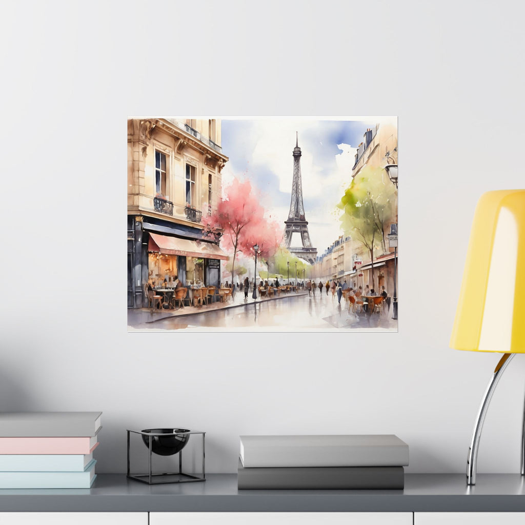 Paris Eiffel Tower & Café Watercolor Satin Poster — Romantic Street Scene Art Print