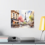 Paris Eiffel Tower & Café Watercolor Satin Poster — Romantic Street Scene Art Print