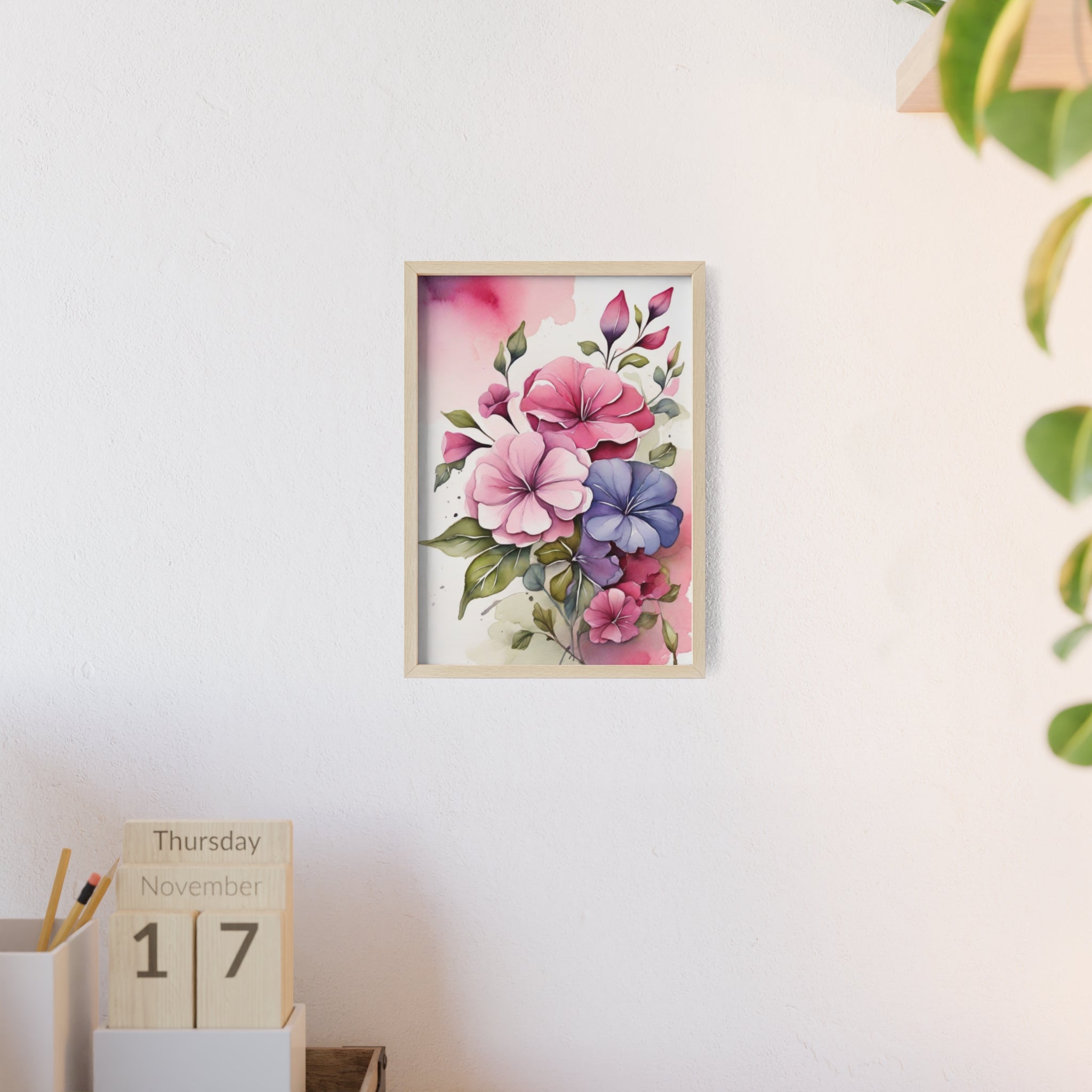 Pink & Purple Petunias — Watercolor Floral Wall Art, Framed Print 8.3" × 11.7"