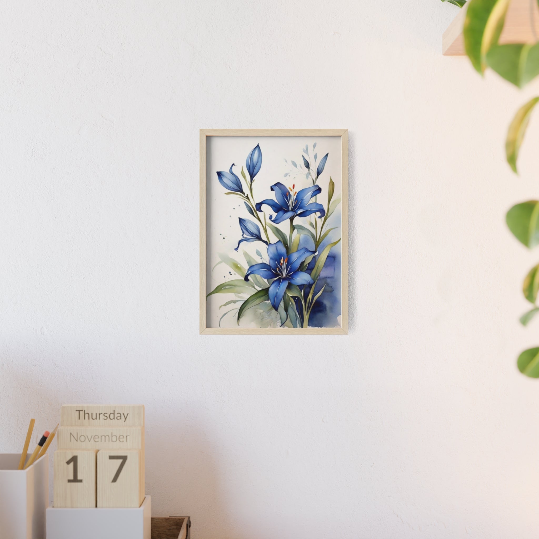 Blue Lily — Watercolor Botanical Wall Art, Framed Print 8.3" × 11.7"