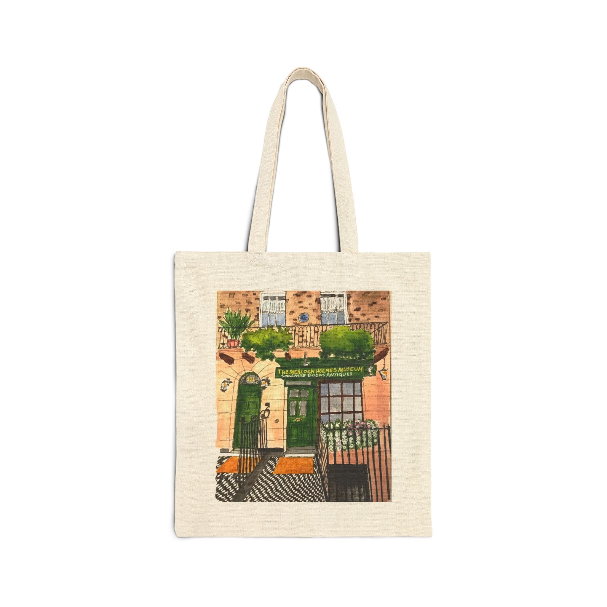 Green Door Street Scene Canvas Tote — Original Watercolor Art