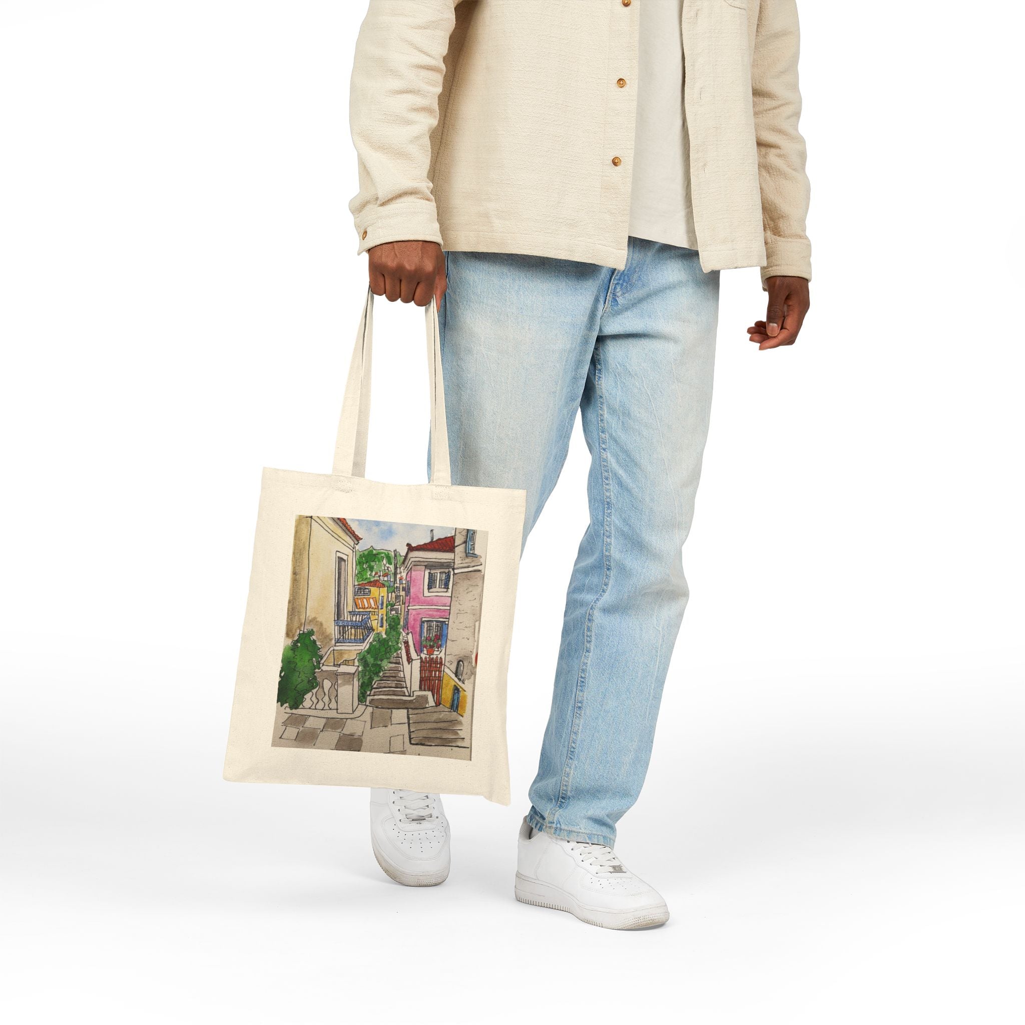Poros Alleyway Canvas Tote — Original Watercolor Art