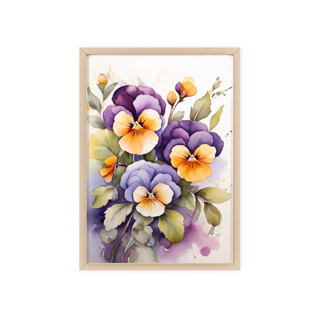 Pansies in Purple & Gold — Watercolor Botanical Wall Art, Framed Print 8.3" × 11.7"