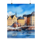 Scandinavian Winter Watercolor Satin Poster — Snowy Stockholm Waterfront Art Print
