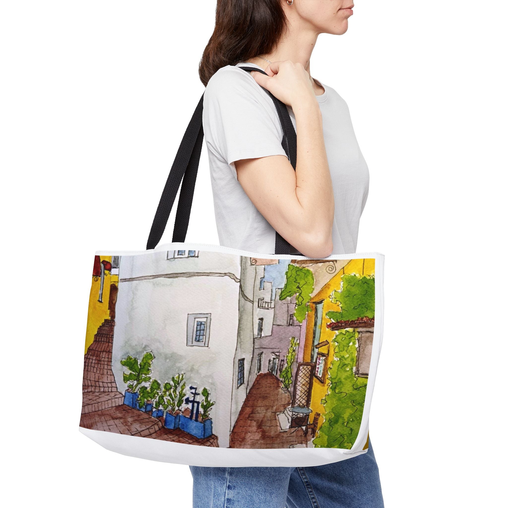 Chania Crete Alley Weekender Tote — Original Watercolor Art