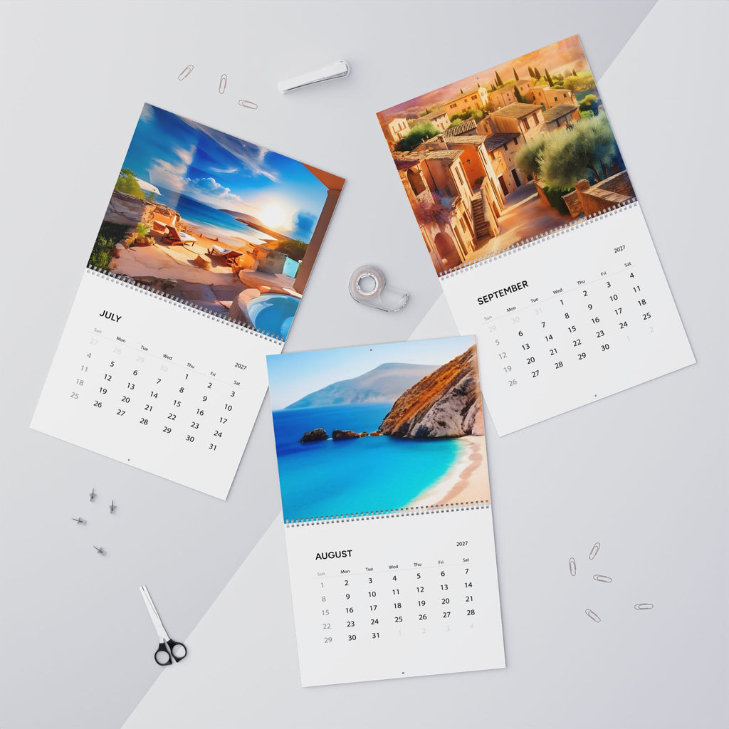 2027 Mediterranean Wall Calendar — Original Scenic Landscape Illustrations | Monthly Grid | Glossy 14”x11.5”