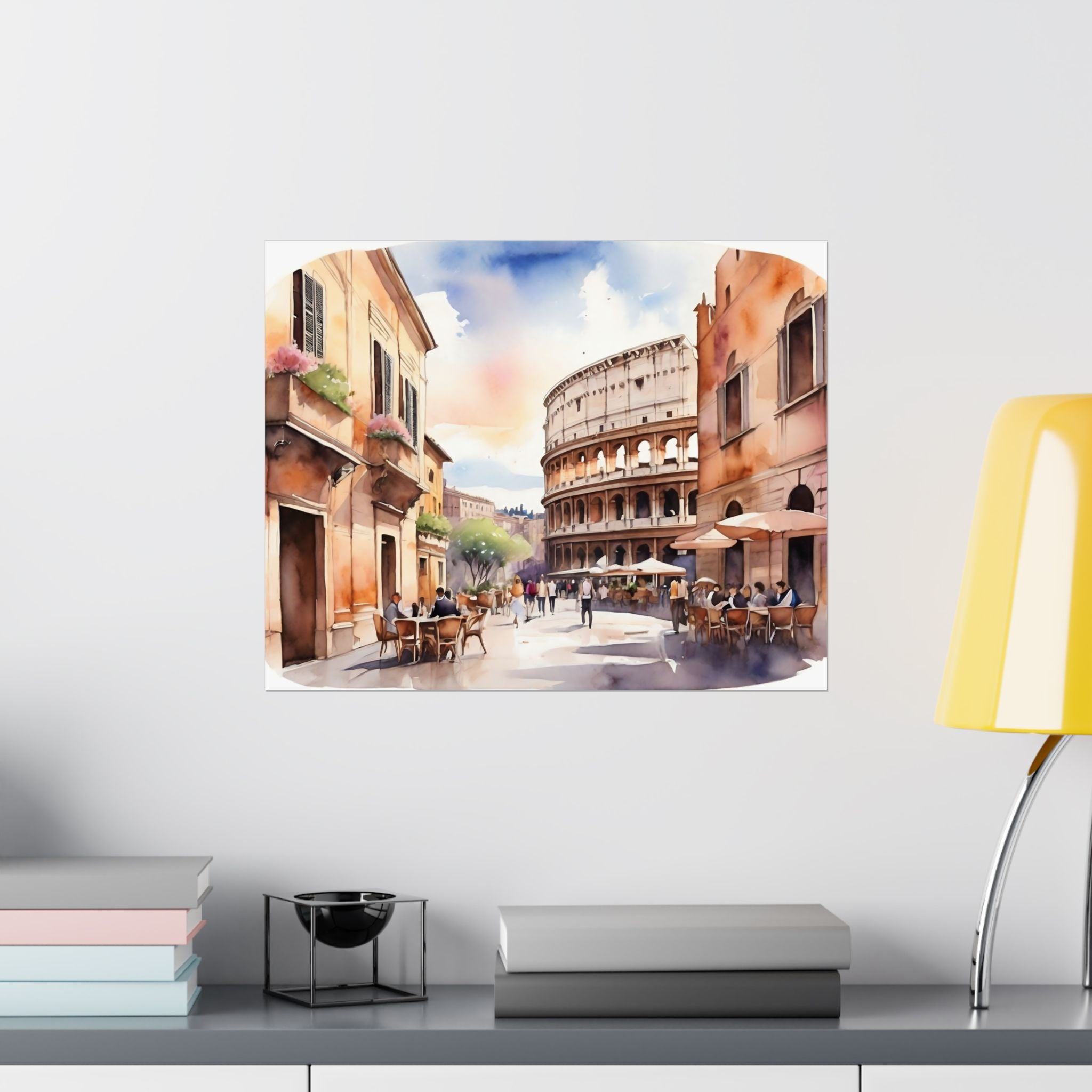 Rome Colosseum Watercolor Satin Poster — Vintage Italian Street & Café Art Print