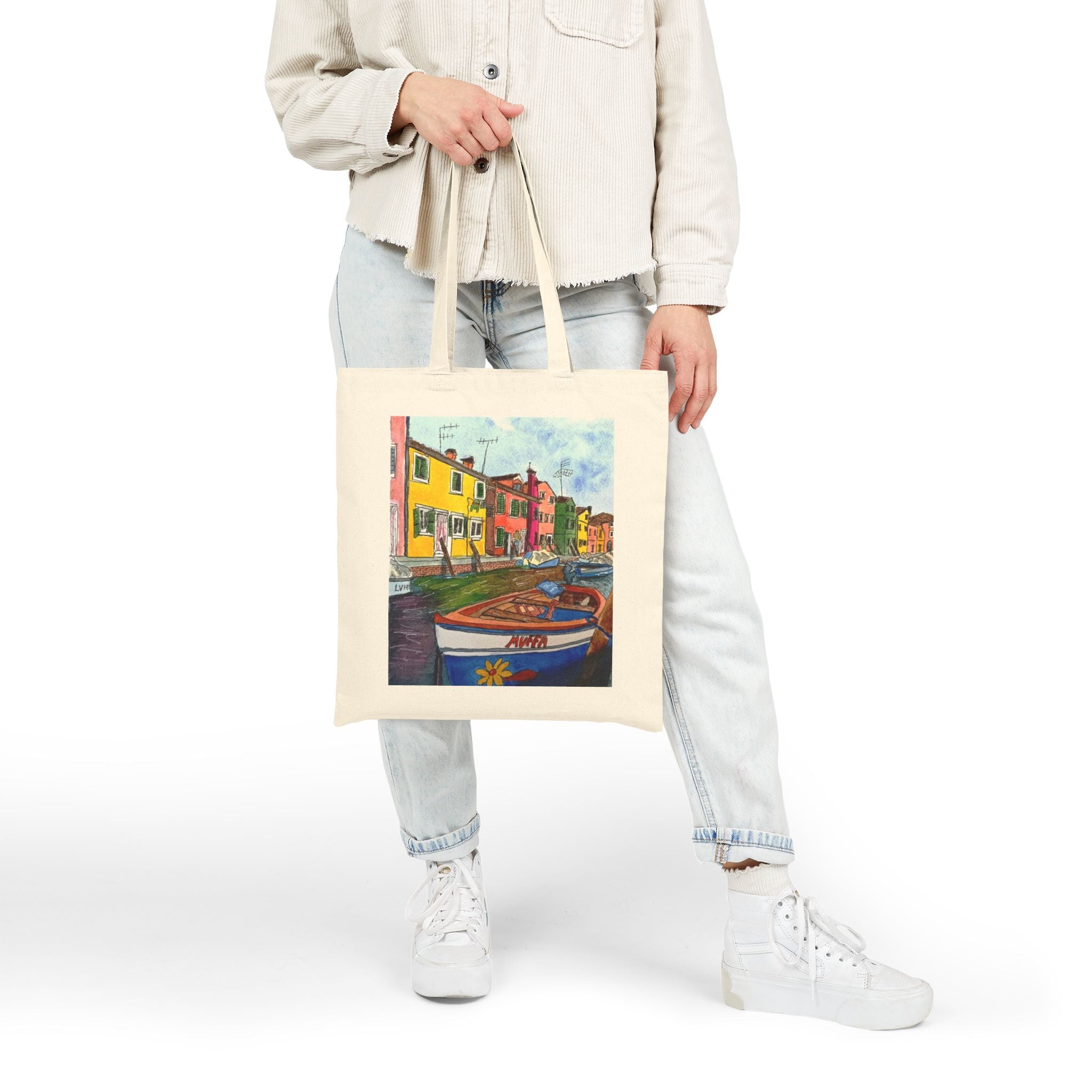 Burano Canal Boat Canvas Tote — Original Watercolor Art
