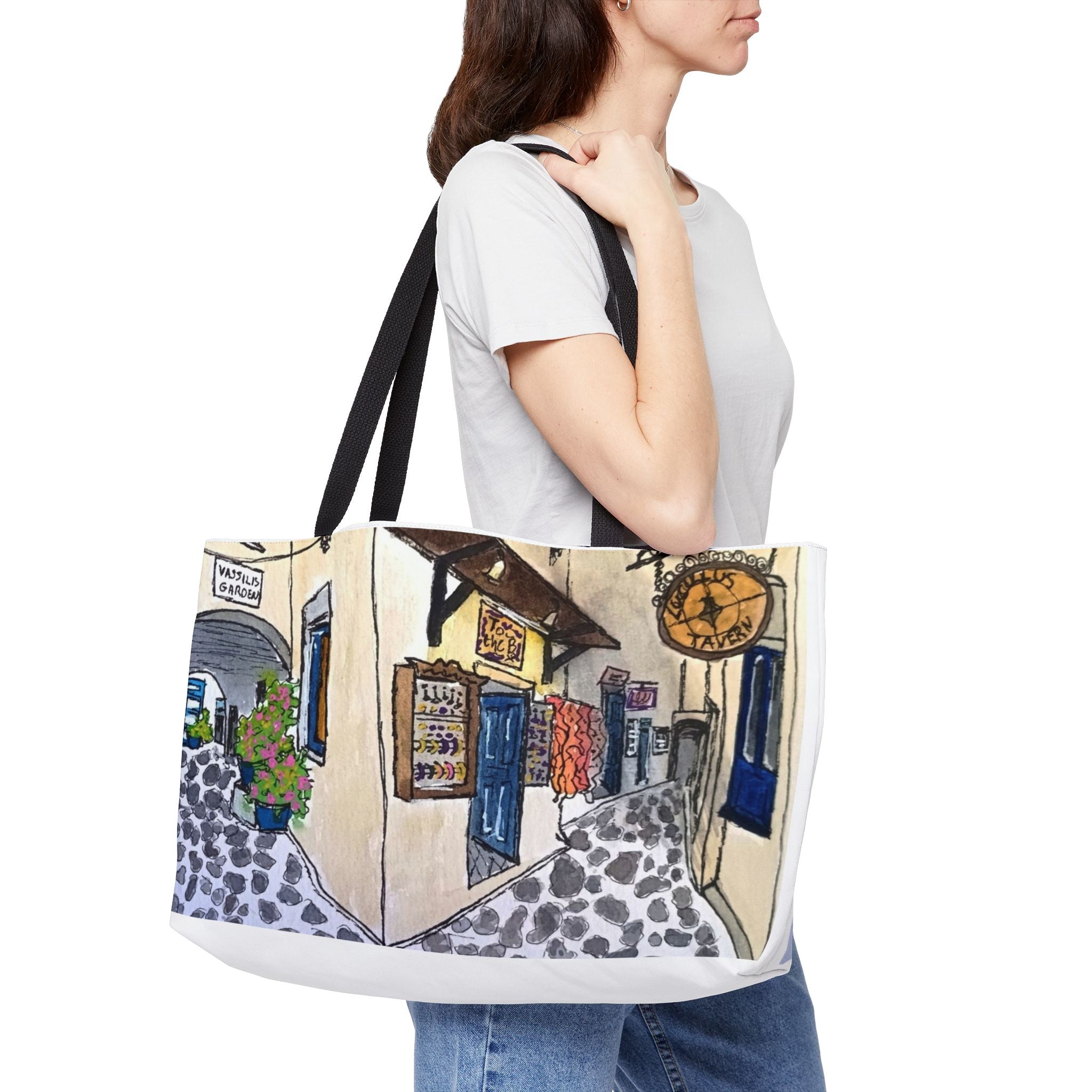 Naxos Island Alleyway Market Weekender Tote — Original Watercolor Art