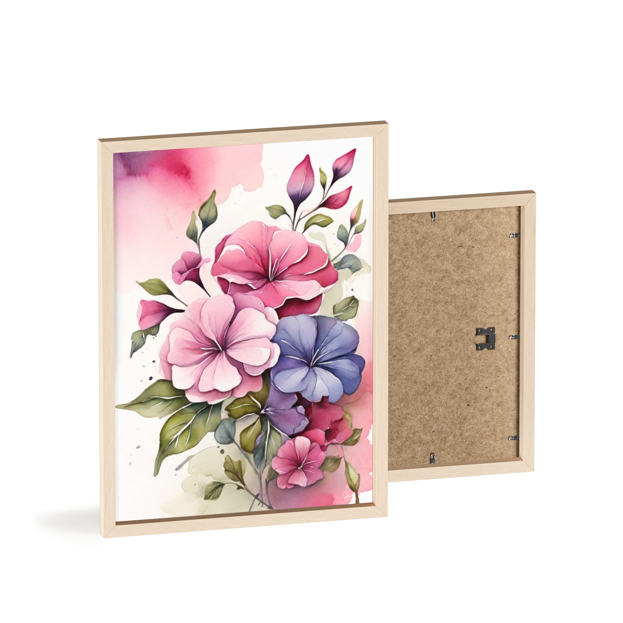 Pink & Purple Petunias — Watercolor Floral Wall Art, Framed Print 8.3" × 11.7"