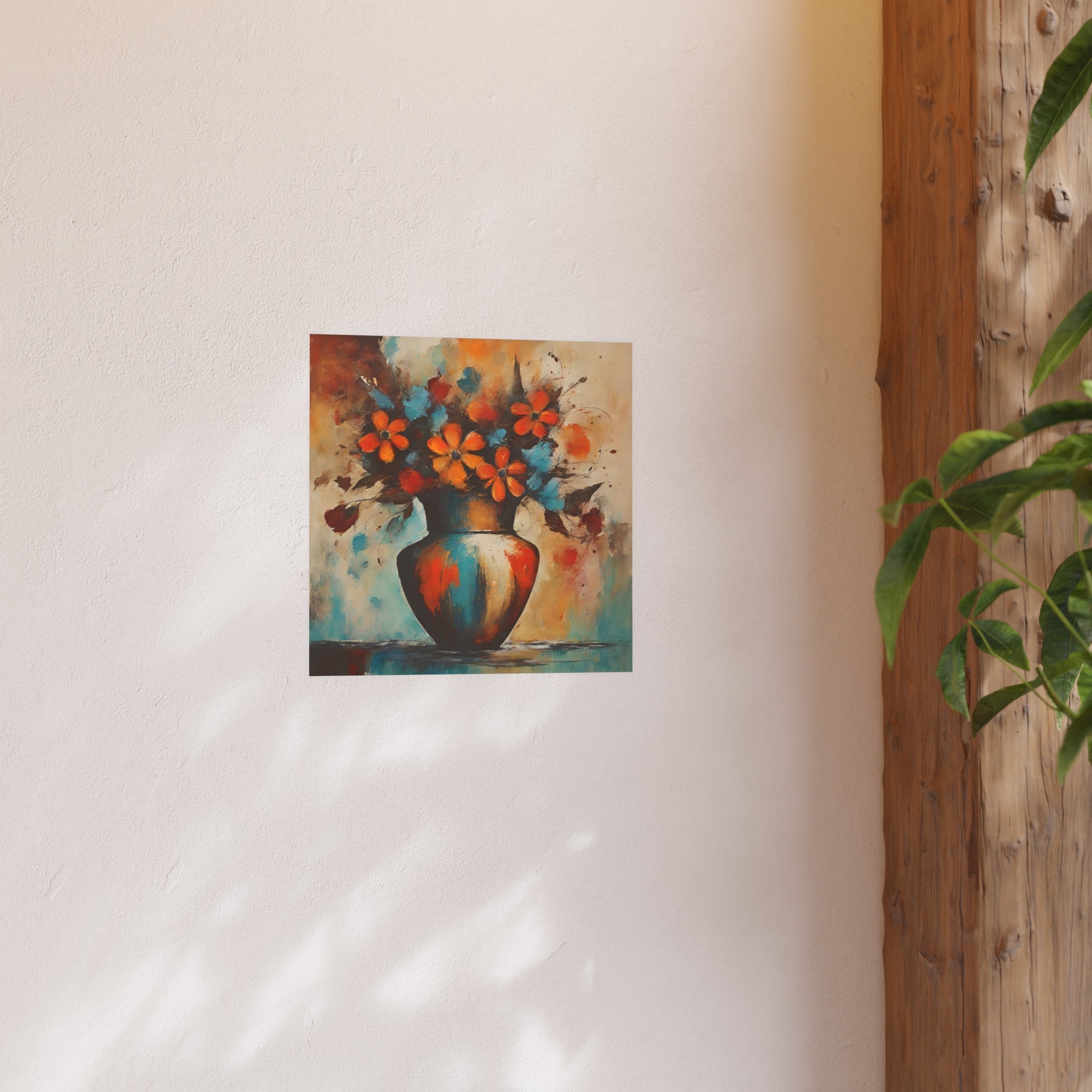 Floral Vase Art Poster — Orange & Teal Abstract Bouquet