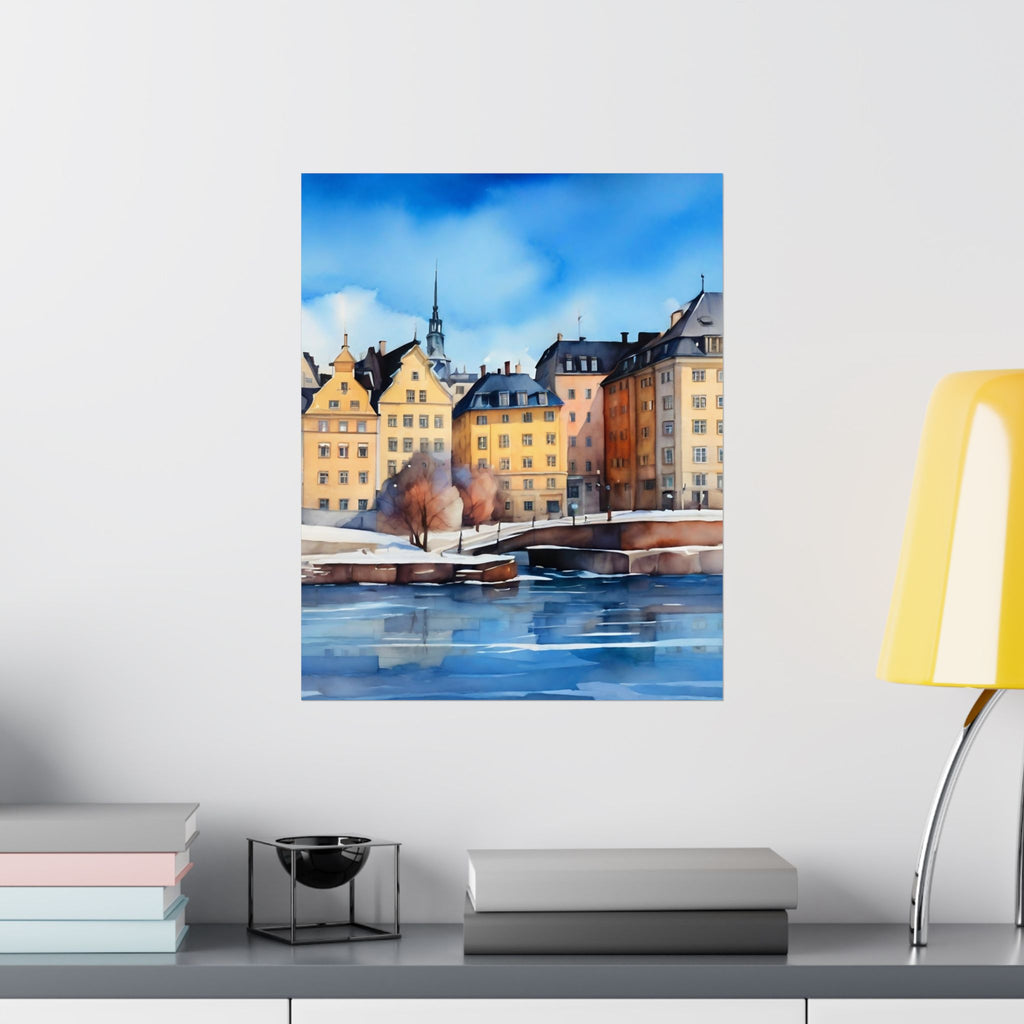 Scandinavian Winter Watercolor Satin Poster — Snowy Stockholm Waterfront Art Print