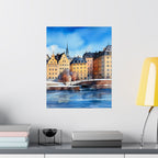 Scandinavian Winter Watercolor Satin Poster — Snowy Stockholm Waterfront Art Print