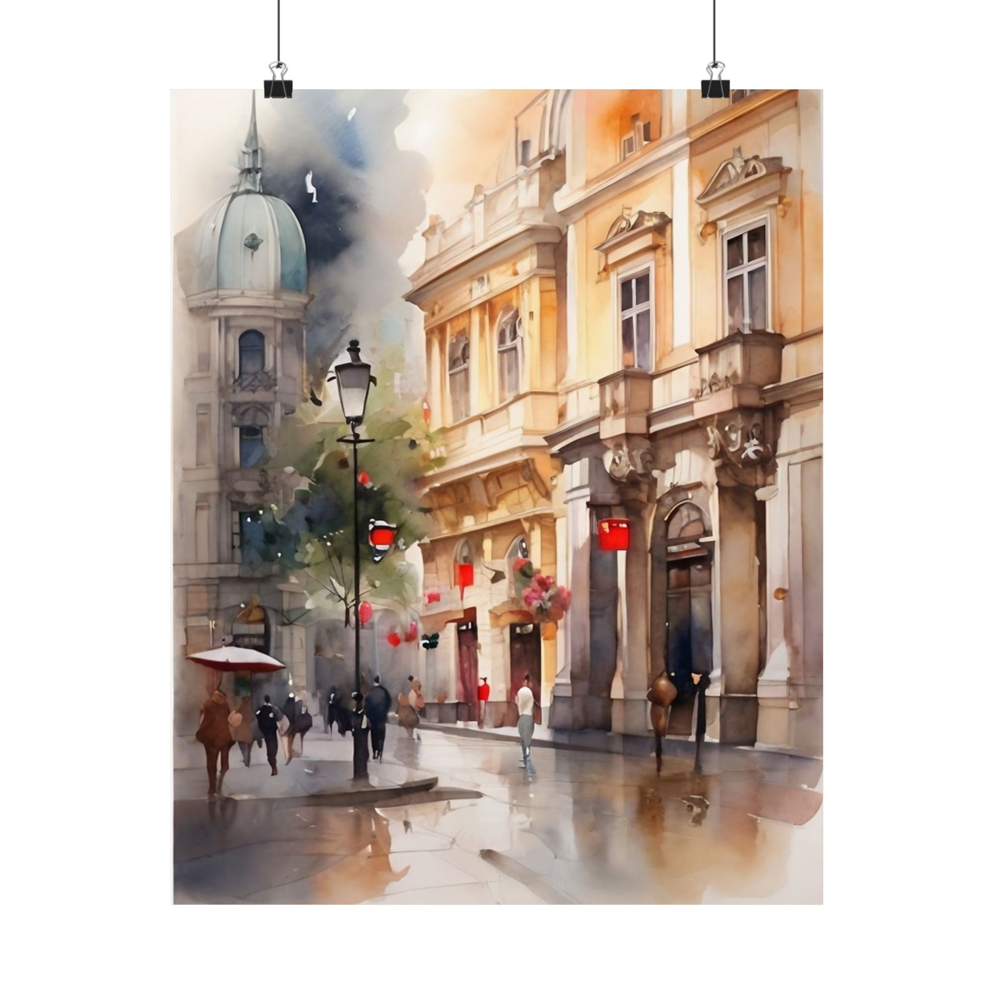 Vienna Street Watercolor Satin Poster — Romantic Cityscape Art Print