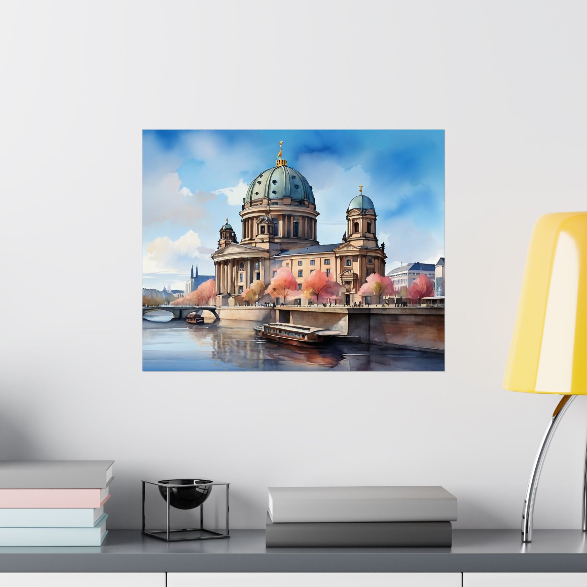 Berlin Cathedral Watercolor Satin Poster — Berliner Dom & Museum Island Cityscape