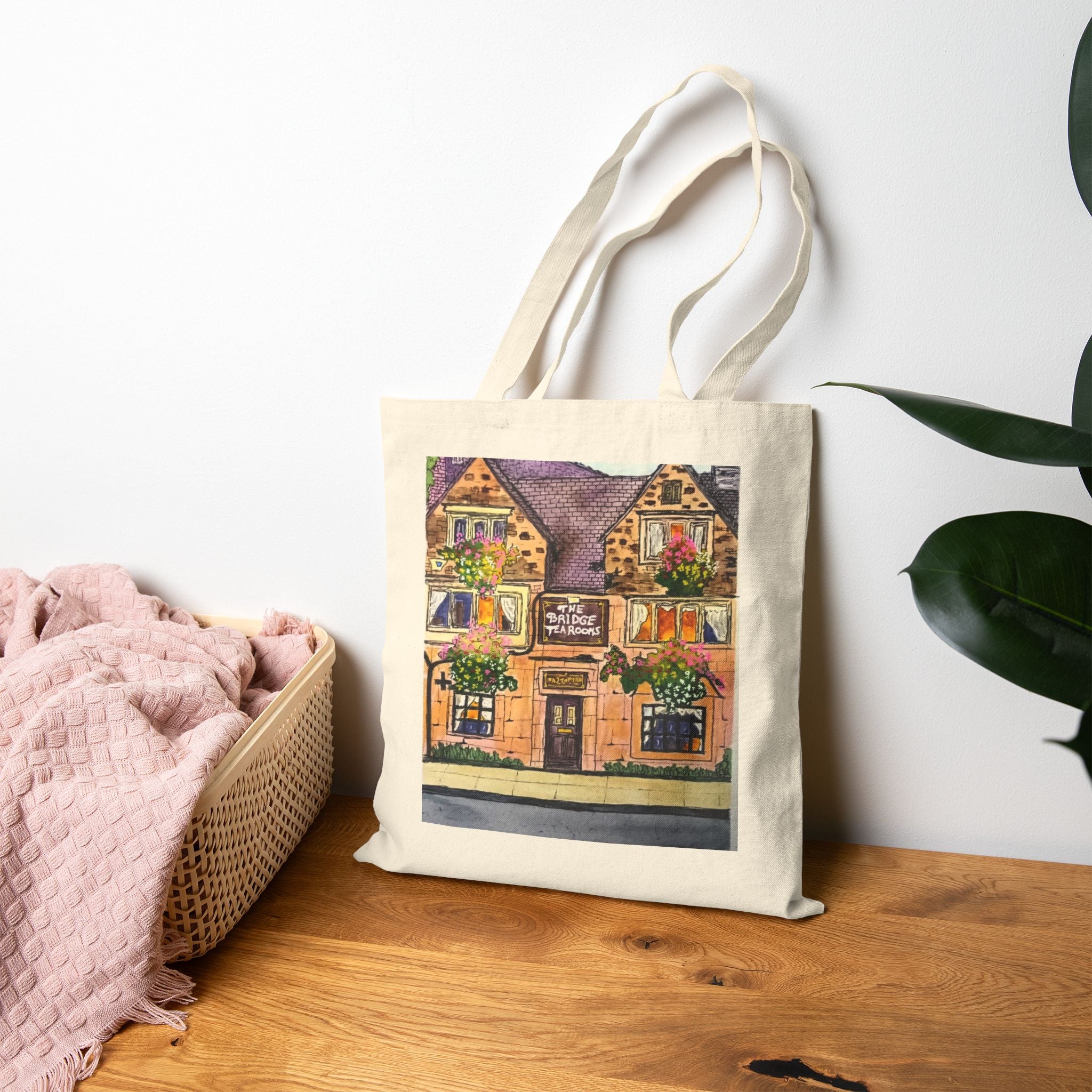 English Tea Room Cottage Canvas Tote — Original Watercolor Art