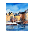 Scandinavian Winter Watercolor Satin Poster — Snowy Stockholm Waterfront Art Print