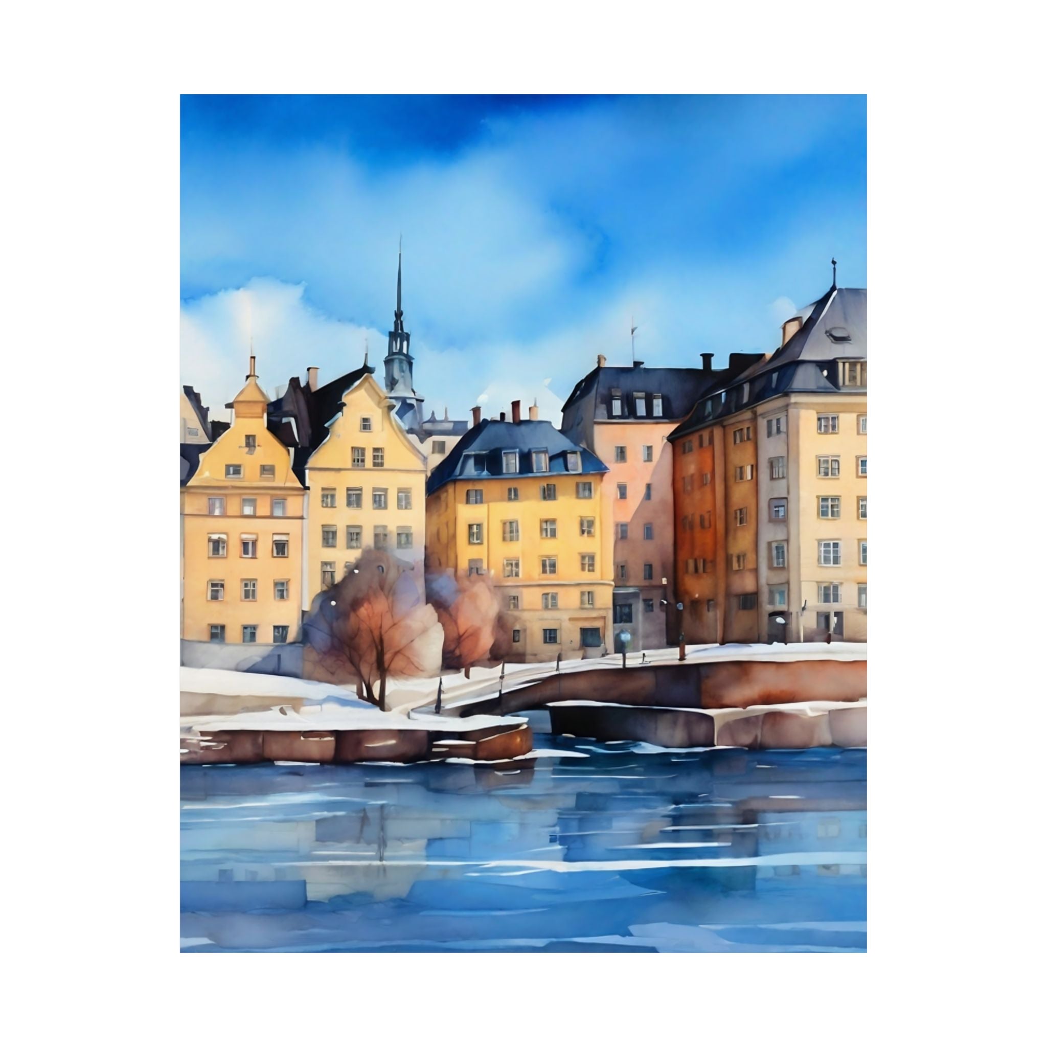 Scandinavian Winter Watercolor Satin Poster — Snowy Stockholm Waterfront Art Print