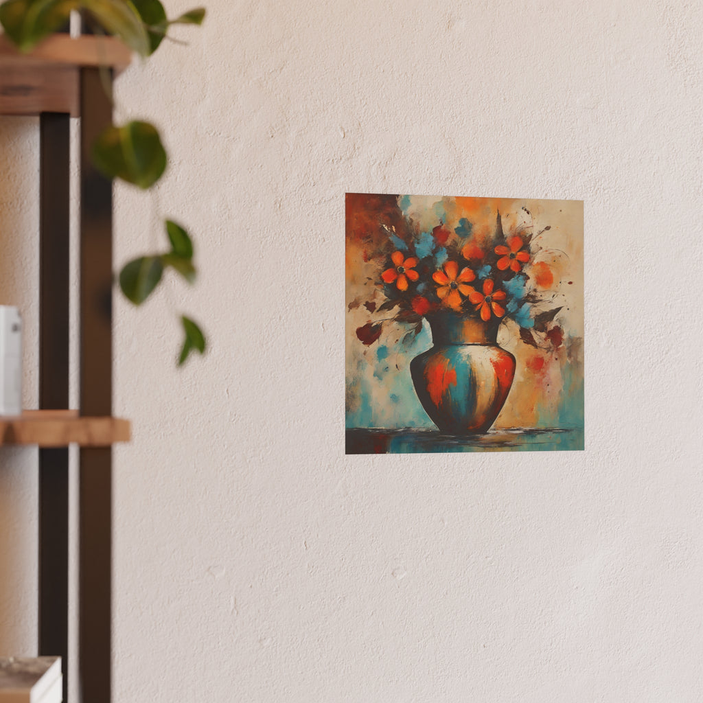 Floral Vase Art Poster — Orange & Teal Abstract Bouquet