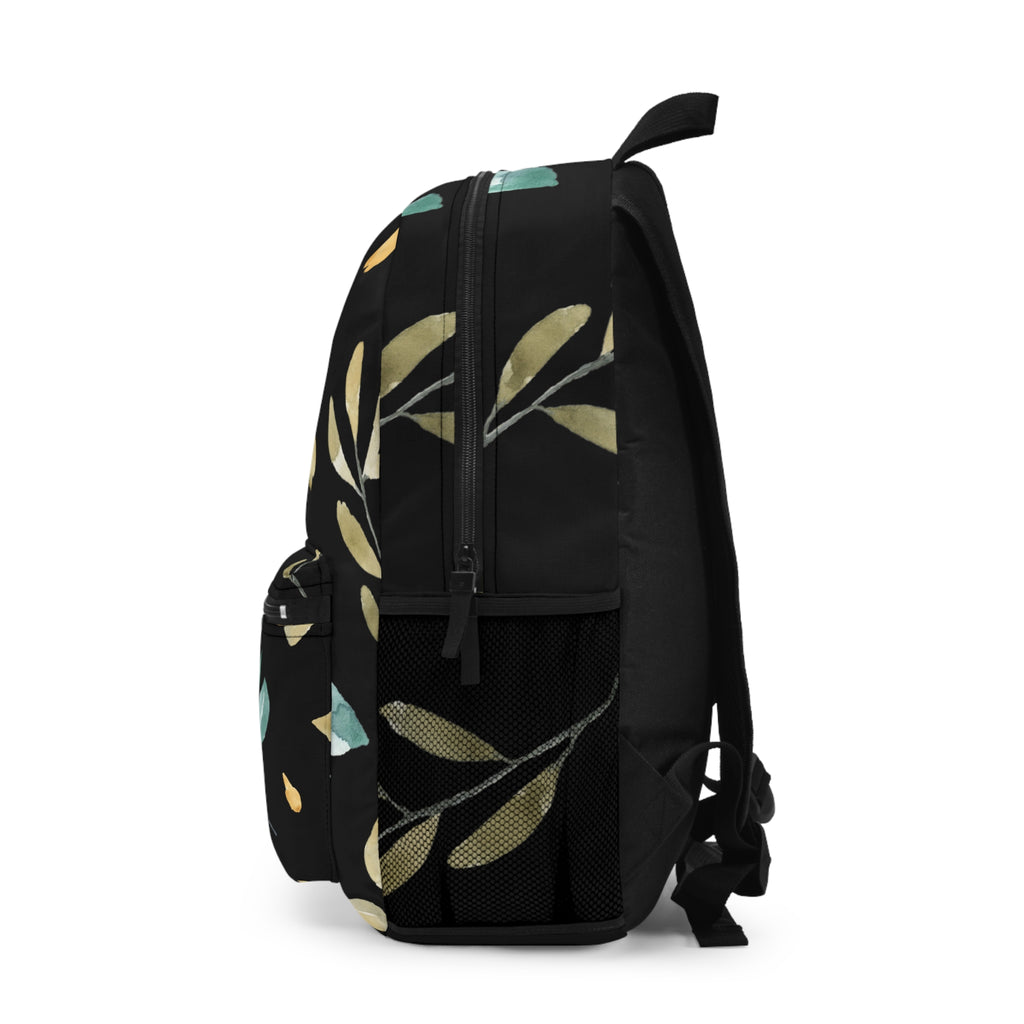 Floral Watercolor Backpack — Black & Gold Leaf Pattern Everyday Bag