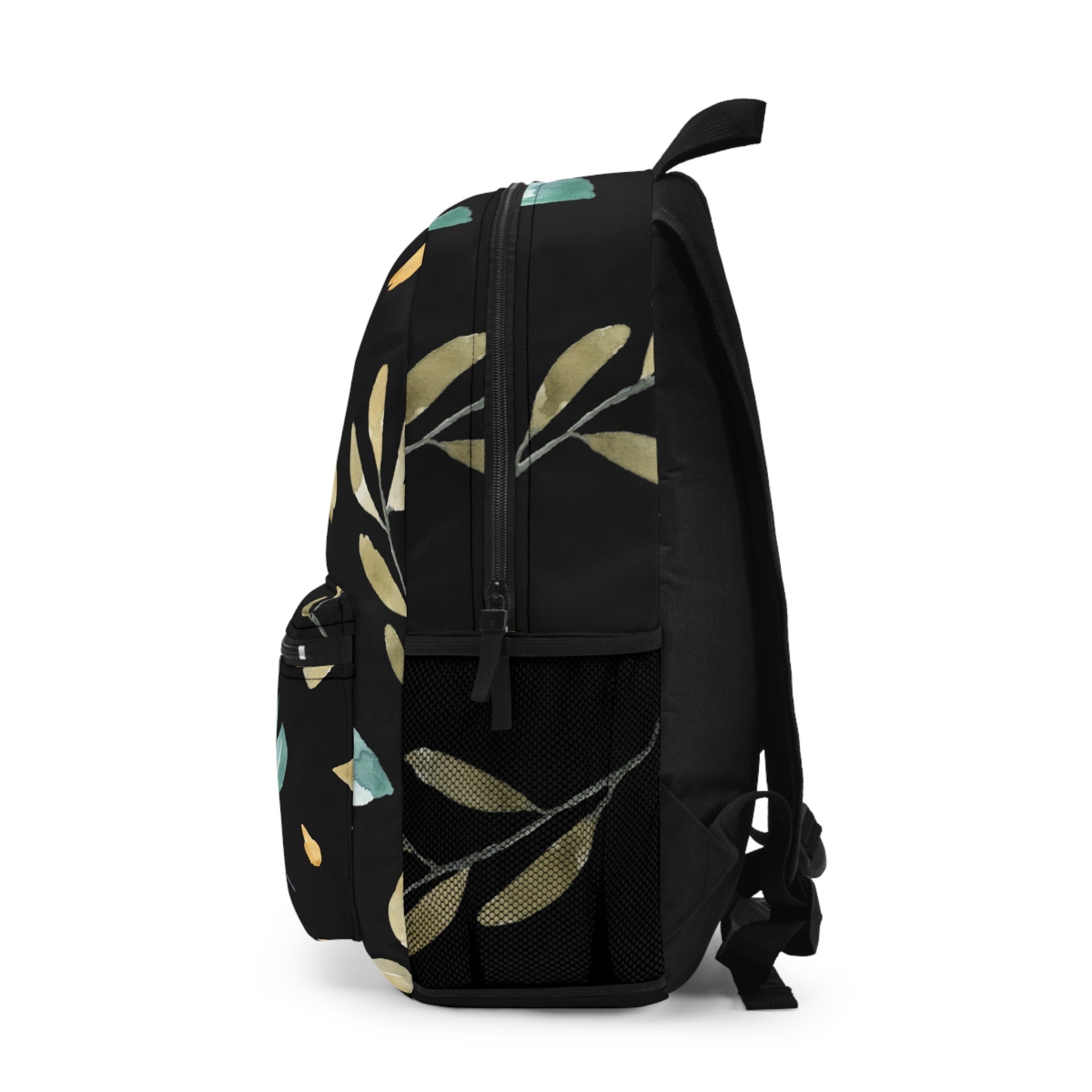 Floral Watercolor Backpack — Black & Gold Leaf Pattern Everyday Bag