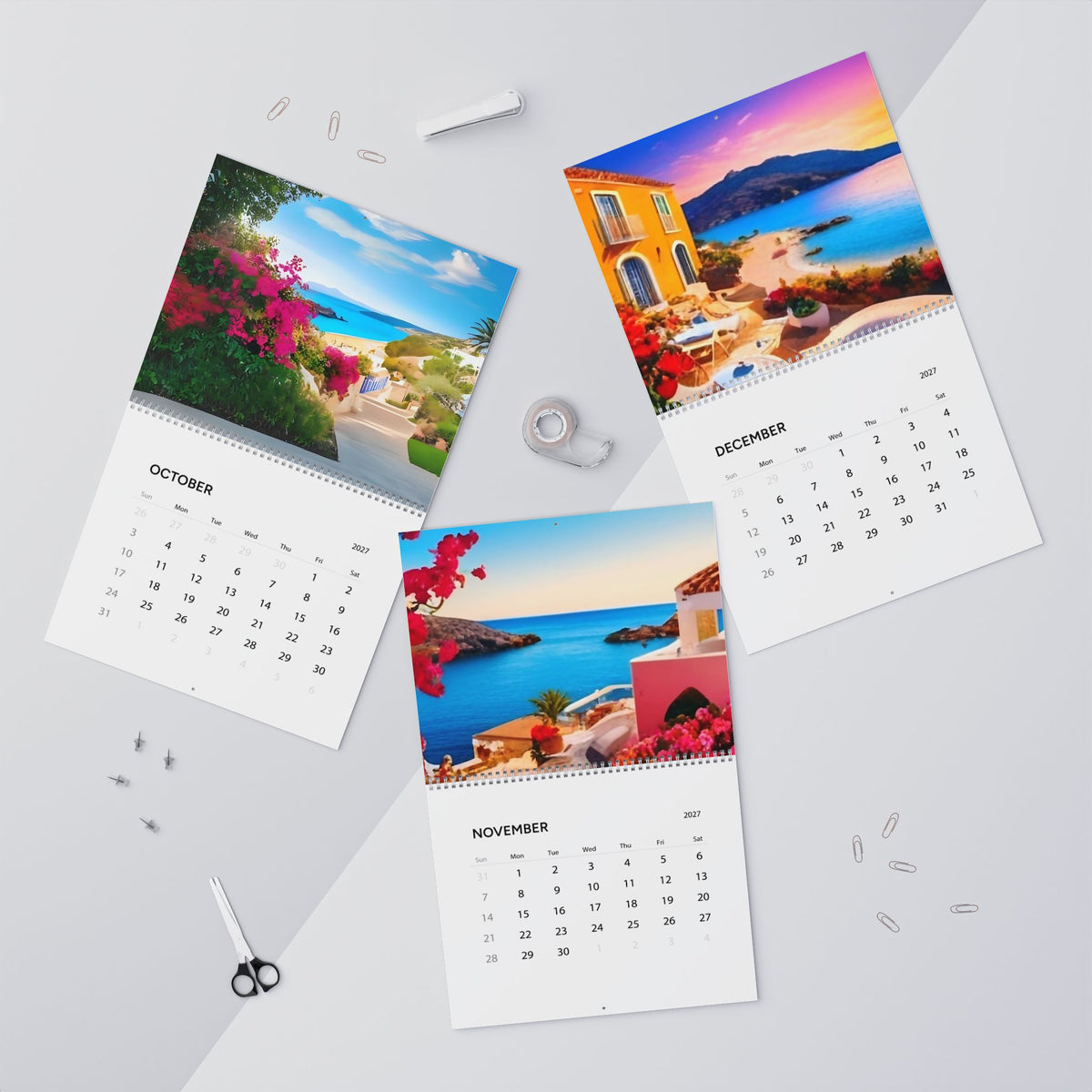 2027 Mediterranean Wall Calendar — Original Scenic Landscape Illustrations | Monthly Grid | Glossy 14”x11.5”