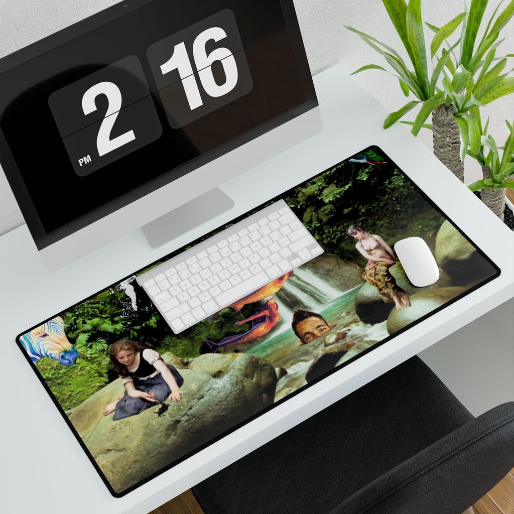 Fantasy Waterfall Desk Mat — Surreal Collage Art with Mermaids & Colorful Fish