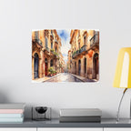 Mediterranean Street Barcelona Watercolor Satin Poster — Sunny European Alleyway Art Print