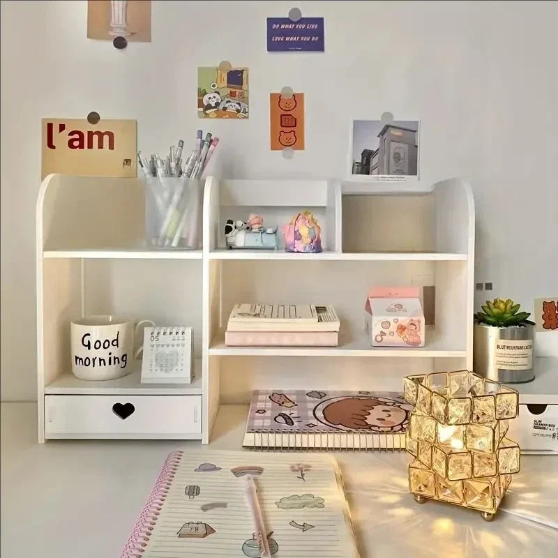 Double-Layer Desktop Stationery Organizer in White | Multi-Compartment Storage Shelf | Office & School Desk Essential