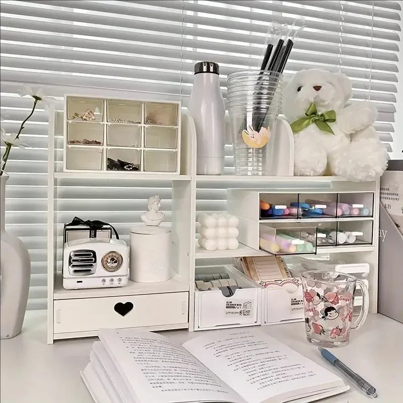 Double-Layer Desktop Stationery Organizer in White | Multi-Compartment Storage Shelf | Office & School Desk Essential