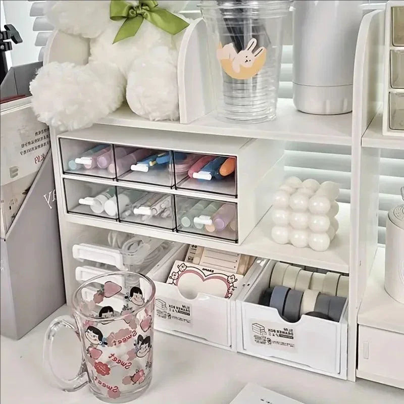 Double-Layer Desktop Stationery Organizer in White | Multi-Compartment Storage Shelf | Office & School Desk Essential