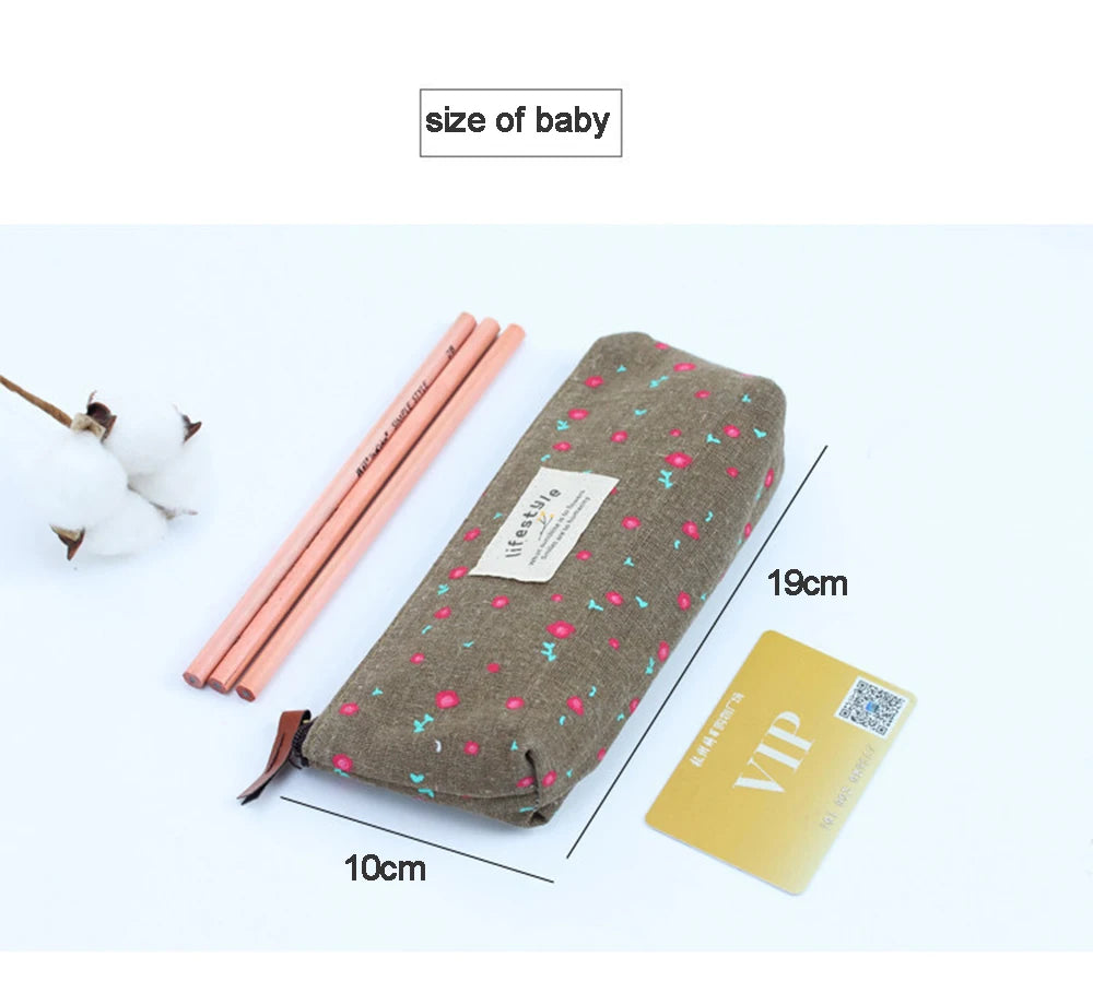 Floral Canvas Pencil Case - Zipper Stationery Pouch