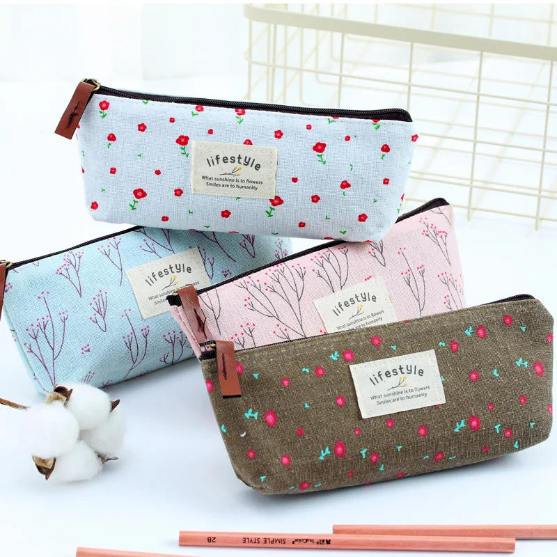 Floral Canvas Pencil Case - Zipper Stationery Pouch