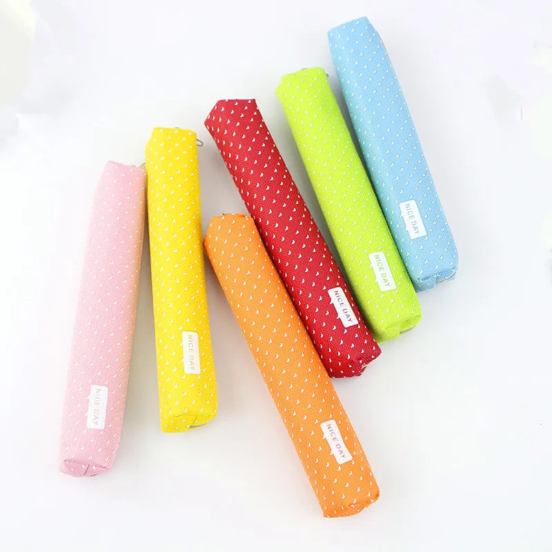 Kawaii Candy Color Pencil Case - Polka Dot Canvas Pen Pouch | 5 Pastel Colors | School & Office Stationery