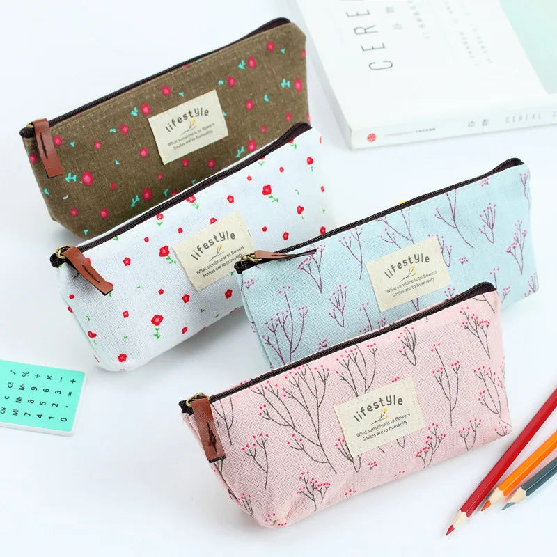 Floral Canvas Pencil Case - Zipper Stationery Pouch