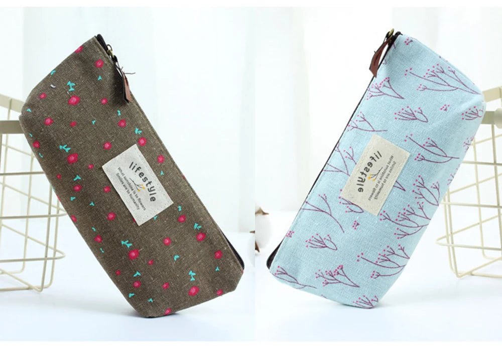 Floral Canvas Pencil Case - Zipper Stationery Pouch
