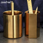 Vintage Brass-Tone Steel Pen Holder – Hexagon or Round | Desk Organizer for Pens, Pencils & Brushes