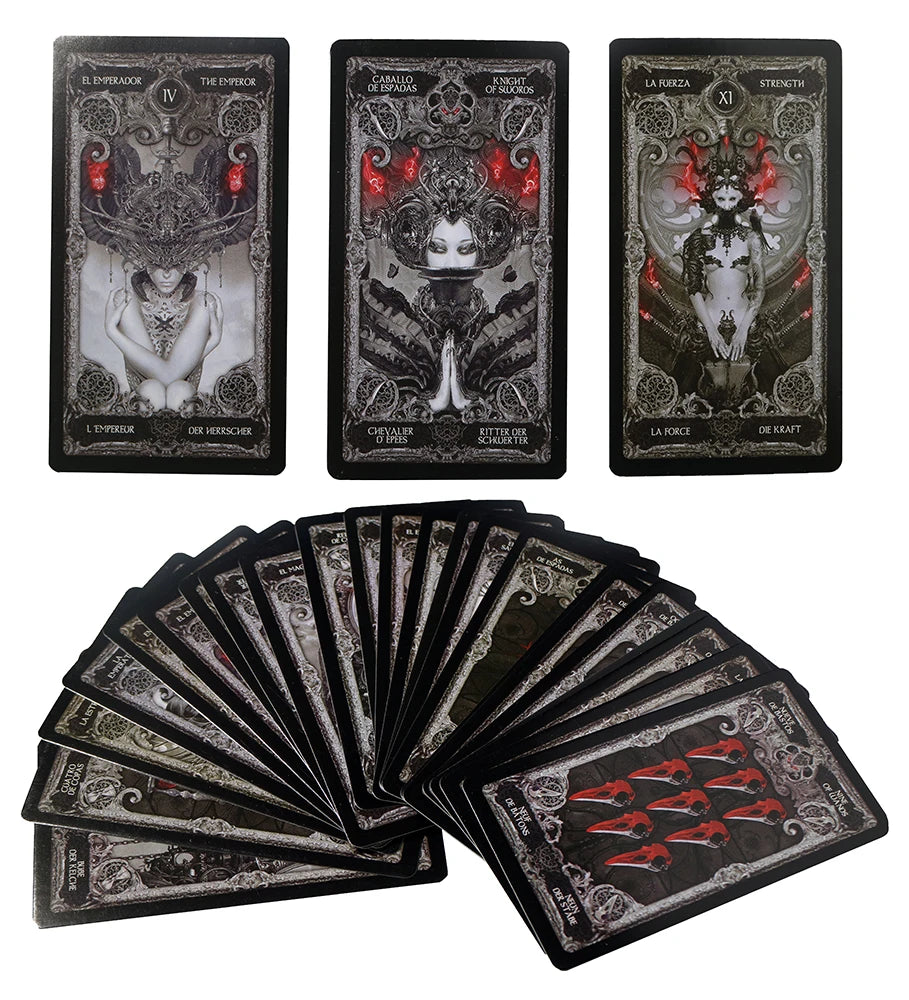 XIII Dark Tarot Deck - 78 Cards Gothic Mysterious Divination | 5 Languages on Every Card | QR Guide Included | Adults 18+