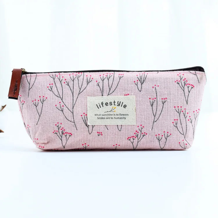 Floral Canvas Pencil Case - Zipper Stationery Pouch