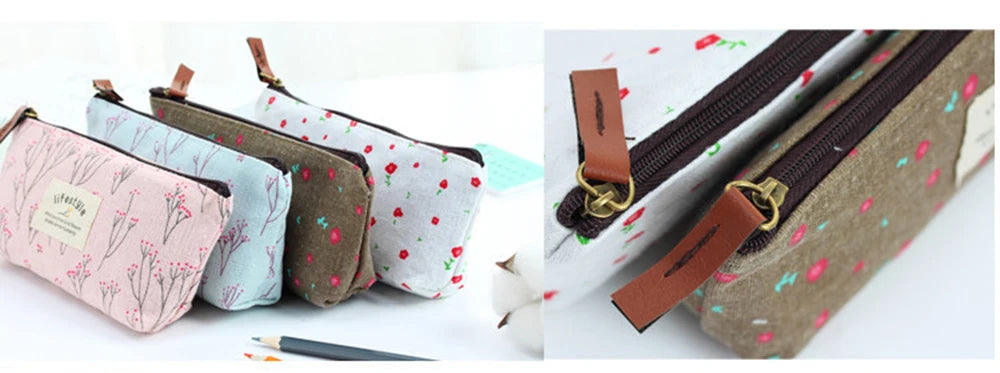 Floral Canvas Pencil Case - Zipper Stationery Pouch