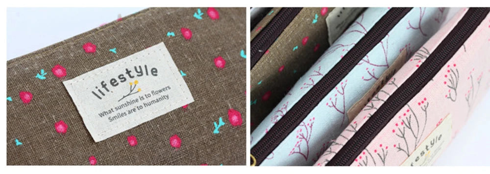 Floral Canvas Pencil Case - Zipper Stationery Pouch