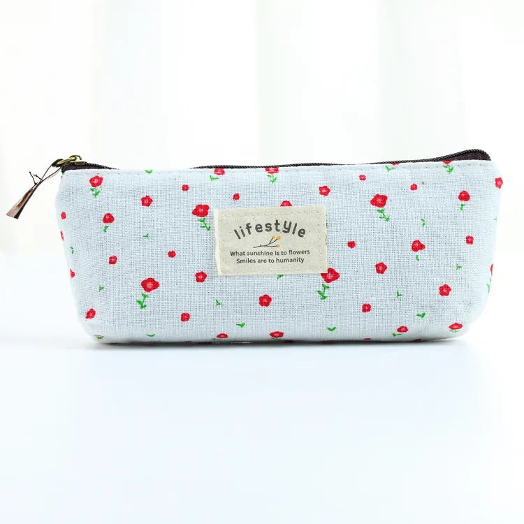 Floral Canvas Pencil Case - Zipper Stationery Pouch